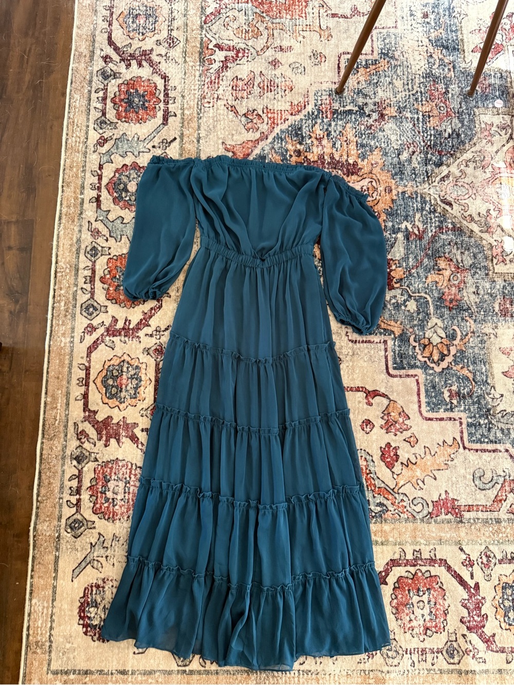 Off-Shoulder Fate Teal Tiered Maxi Dress